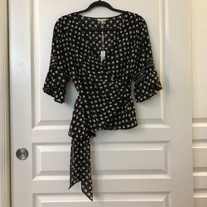NWT Max Studio Black and Tan Floral Wrap Blouse